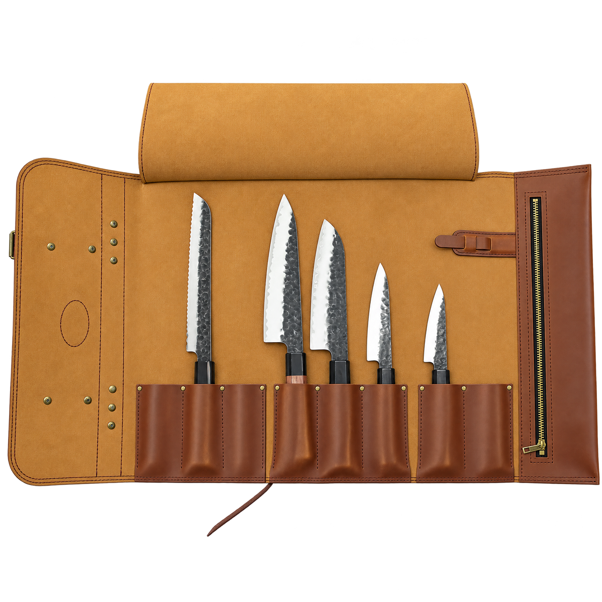Leather Knife Bag Open with Knives